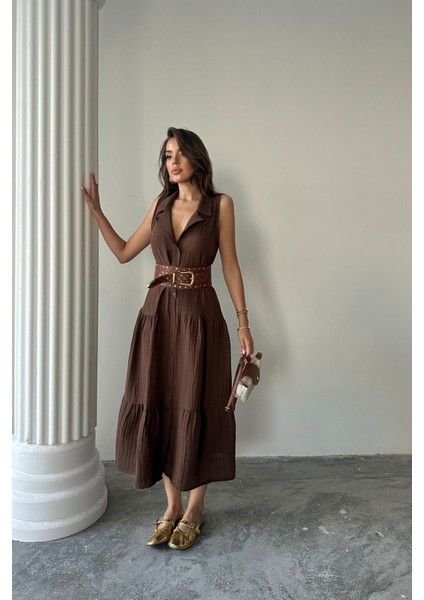 Müslin Elbise Gömlek Yaka Kolsuz Önden Düğmeli - Kahverengi fırsatları