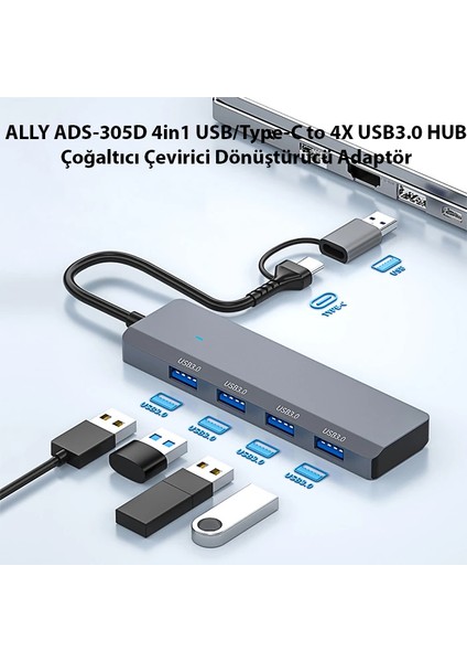 Ally ADS-305D 4in1 Usb/type-C To 4x Usb3.0 Hub Çoğaltıcı Çevirici Dönüştür? - YKD4718-6429