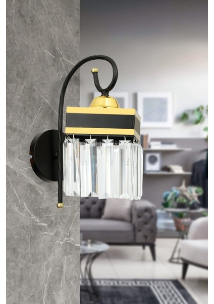 Siyah Kule Kristal Taşlı Sarı Şeritli Kare Aplik Modern ve Şık Dekorasyon Parçası