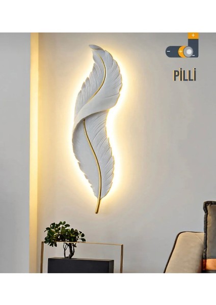 Led'li Pilli Dekoratif Tüy Aplik Duvar Aydınlatma Beyaz