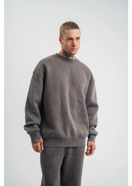 Unisex Uzun Kol Bisiklet Yaka Yıkamalı Sweatshirt - Füme