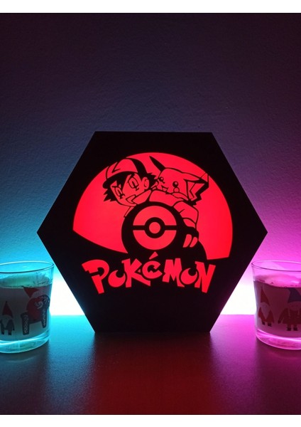 Sevimli Pikachu ve Ash Figürlü Masaüstü Dekoratif Lamba, Kırmızı Renk