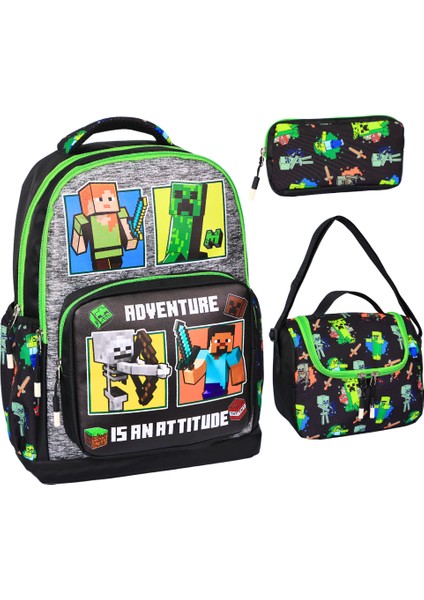 3’lü Ilkokul Yeşil Baskılı, Erkek Çocuk Beslenmeli ve Kalemlikli Okul Çantası