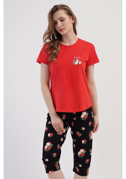 Pamuklu Kadın Kısa Kol Kaprili Pijama Takım , 409095