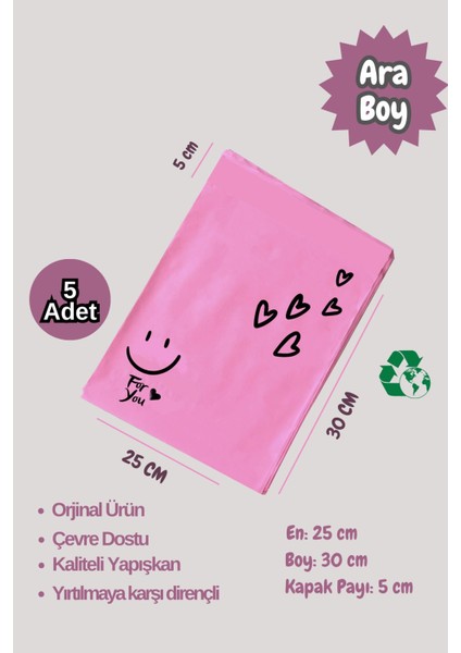 5 Adet 25X35 Ara Boy Fuşya Kargo Poşeti Cepsiz Hediye Ambalaj Poşeti