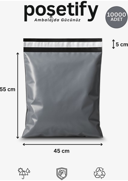 Gri Cepsiz Kargo Poşeti 45X55+5 cm | Yapışkan Bantlı Kargo Zarfı | 10000’LI E-Ticaret Poşeti