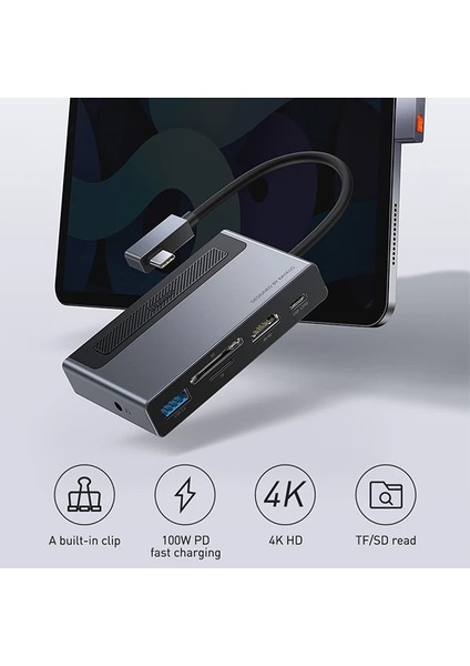 Baseus Magic Çok Fonksiyonlu Klipsli Type-C Hub 6in1 (Usb3.0+Sd+Tf+Hdmı+Type-C+3.5m - YKD7955-6613