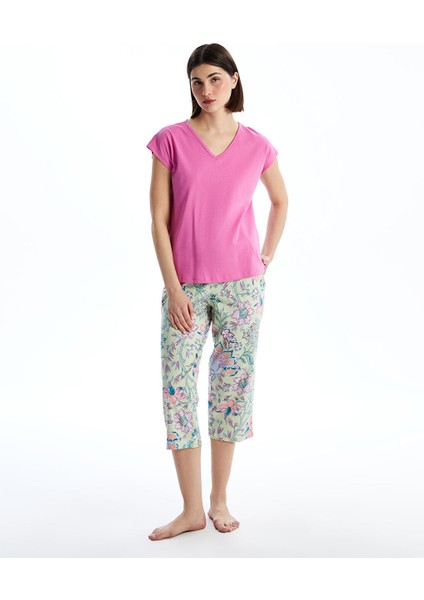 Yeni Sezon V Yaka Cicekli Kadin Kaprili Pijama Takimi - S5CD42Z8