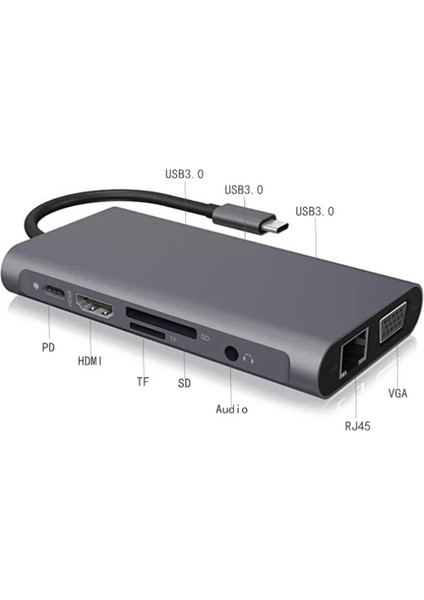 Ally 10 In 1 HDMI VGA RJ45 Pd USB 3.0 Hub Adaptör ÇOKLAYICI-(1903) - YKD9817-6245