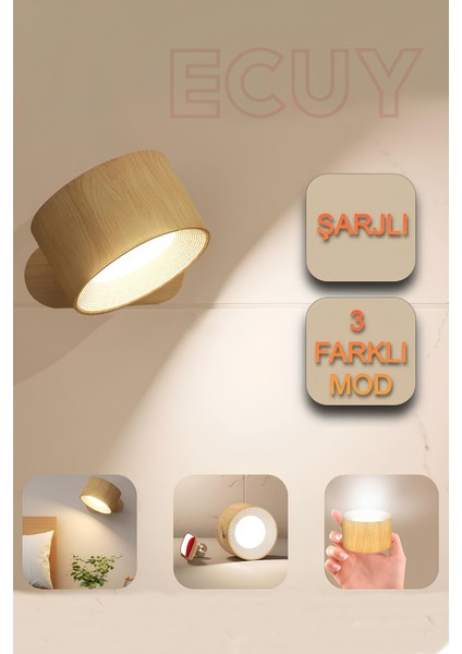 Taşınabilir 360° Dönebilen Ahşap Duvar Lamba, Şarjlı Mıknatıslı, Portatif ve Şık Tasarım