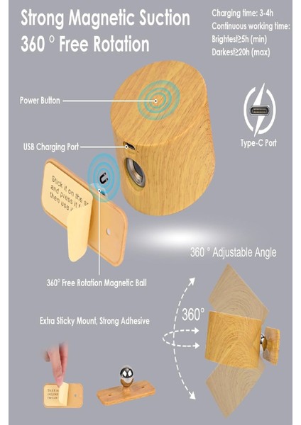 Taşınabilir 360° Dönebilen Ahşap Duvar Lamba, Şarjlı Mıknatıslı, Portatif ve Şık Tasarım indirimleri