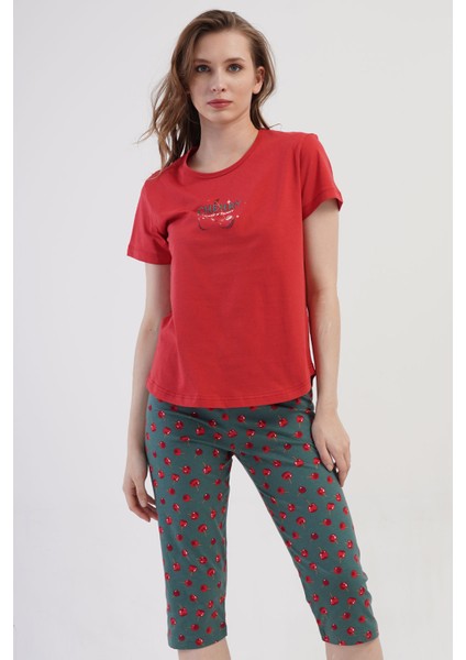 Pamuklu Kadın Kısa Kol Kaprili Pijama Takım , 409030