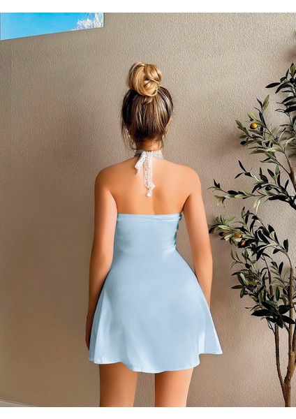 Dantel Işlemeli Boyundan Bağlamalı Mavi Saten Gecelik fiyatları