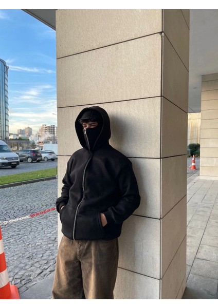 Samuray Kapüşonlu Zıp Fermuarlı Kapüşonlu Sweatshirt - Siyah