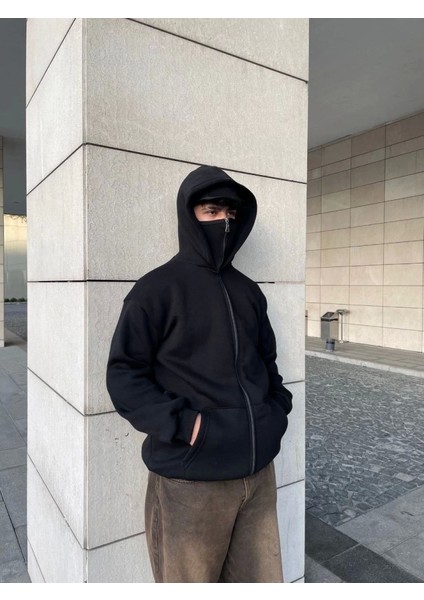 Samuray Kapüşonlu Zıp Fermuarlı Kapüşonlu Sweatshirt - Siyah