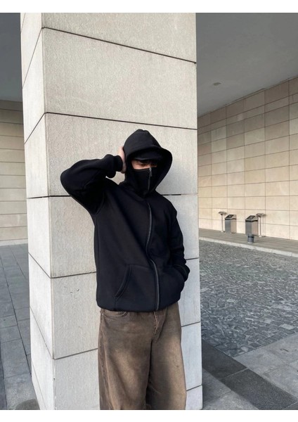 Samuray Kapüşonlu Zıp Fermuarlı Kapüşonlu Sweatshirt - Siyah