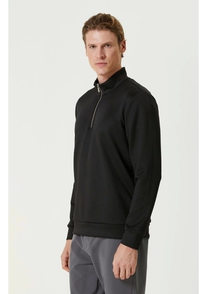 Unisex Uzun Kol Yarım Farmuarlı Yakalı Basic Sweatshirt - Siyah