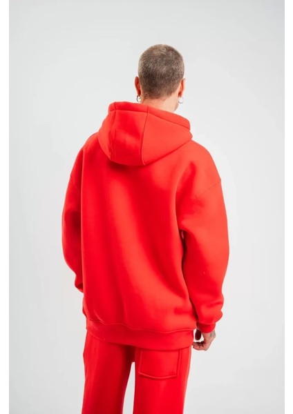 Unisex Double Oversize Kapşonlu Basic Sweatshirt - Kırmızı