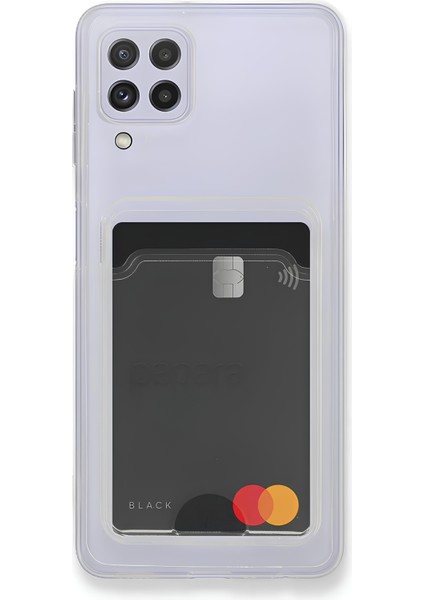 Samsung Galaxy M32 Kılıf Kartlıklı Kamera Çıkıntılı Şeffaf Darbe Korumalı Kart Bölmeli Kapak