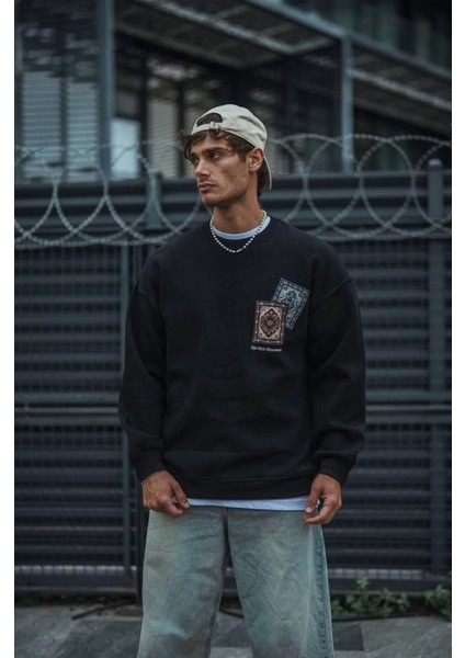 Uzun Kol Bisiklet Yaka Baskılı Sweatshirt - Siyah