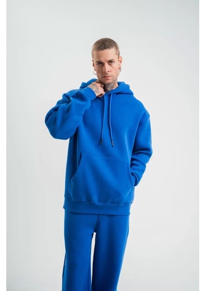 Unisex Double Oversize Kapşonlu Basic Sweatshirt - Mavi
