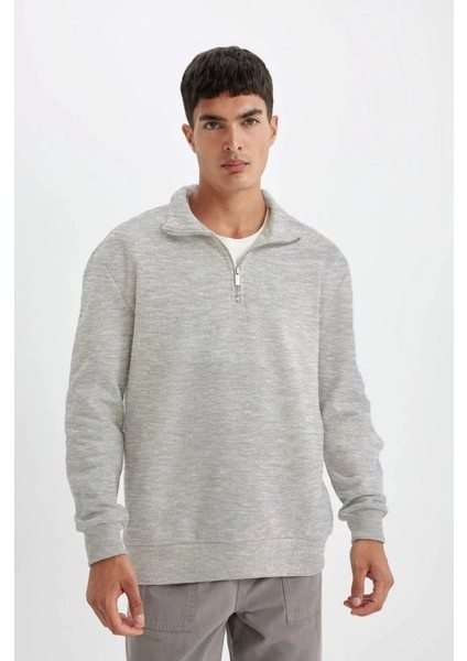 Unisex Uzun Kol Yarım Farmuarlı Yakalı Basic Sweatshirt - Gri fiyatları