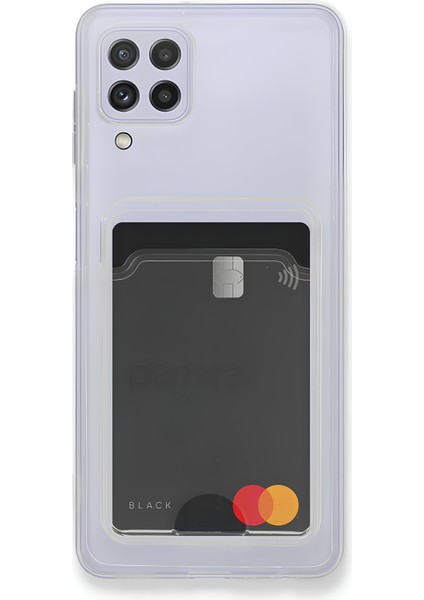 Samsung Galaxy M22 Kılıf Kartlıklı Kamera Çıkıntılı Şeffaf Darbe Korumalı Kart Bölmeli Kapak