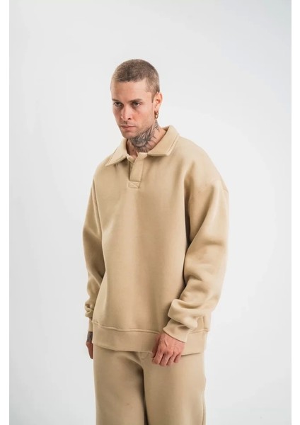 Unisex Double Oversize Patlı Yaka Sweatshirt - Bej