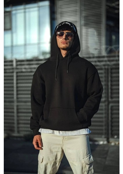Üç Iplik Penye Kapşonlu Basic Sweatshirt - Siyah fiyatları