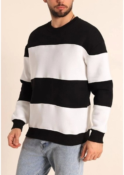 Parçalı Bisiklet Yaka Baskılı Sweatshirt - Siyah