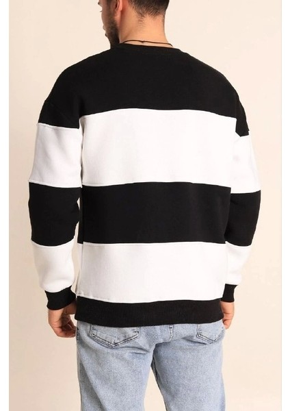 Parçalı Bisiklet Yaka Baskılı Sweatshirt - Siyah