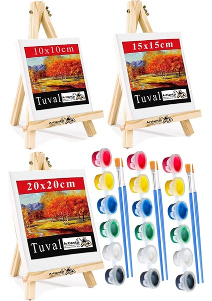 Mini Şövale 10X10 15X15 20X20 cm Tuval 3 ml Akrilik Boya 6 Renk ve Fırça 1 Paket Mini Tuval Masaüstü Küçük Şövale Boyama