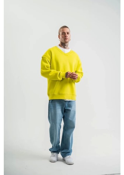 Geniş V Yaka Kol Ribana Detaylı Sweatshirt - Sarı
