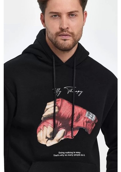 Unisex Kapüşonlu Üç Iplik Oversize Baskılı Sweatshirt - Siyah