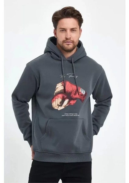 Unisex Kapüşonlu Üç Iplik Oversize Baskılı Sweatshirt - Gri