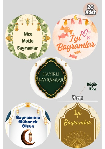 20 Adet Kutu ve Ambalaj Etiketi Bayram Kutlama Etiketi (5 Çeşit) Yapışkanlı Etiket Sticker M15