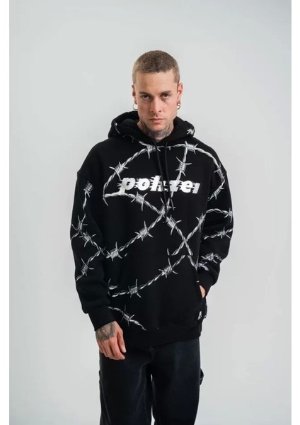 Polızeı Premium Kalite Kapşonlu Varak ve Pano Baskılı Sweatshirt - Siyah