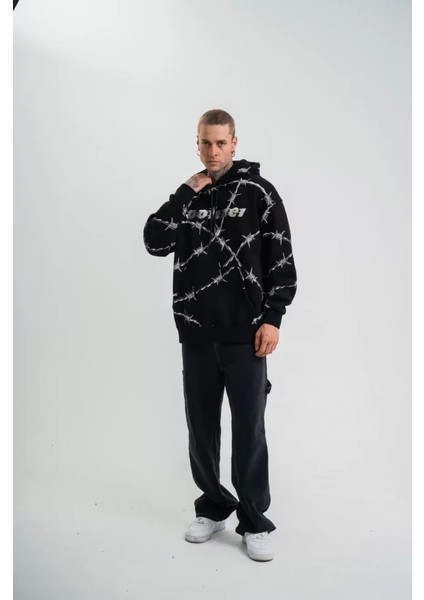 Polızeı Premium Kalite Kapşonlu Varak ve Pano Baskılı Sweatshirt - Siyah