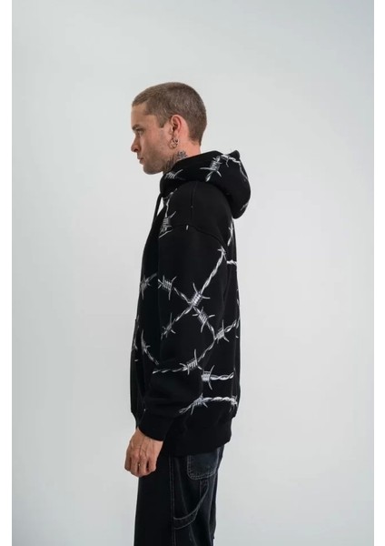 Polızeı Premium Kalite Kapşonlu Varak ve Pano Baskılı Sweatshirt - Siyah