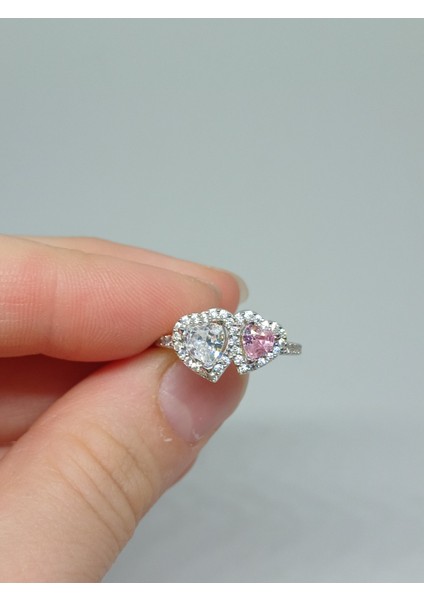 925 Ayar Gümüş Çift Kalpli Pembe ve Beyaz Taşlı Yüzük – Romantik ve Zarif Tasarım fiyatları