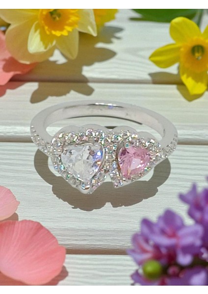 925 Ayar Gümüş Çift Kalpli Pembe ve Beyaz Taşlı Yüzük – Romantik ve Zarif Tasarım modelleri