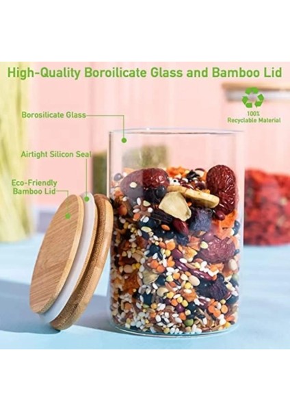 1000 cc (4'lü Set) Borosilkat Cam Saklama Kabı - Bambu Kapaklı - Saklama Kabı - (9cm x 14 Cm)