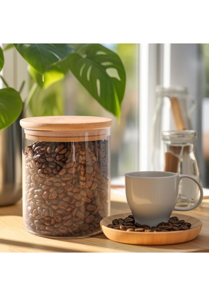1000 cc (4'lü Set) Borosilkat Cam Saklama Kabı - Bambu Kapaklı - Saklama Kabı - (9cm x 14 Cm)