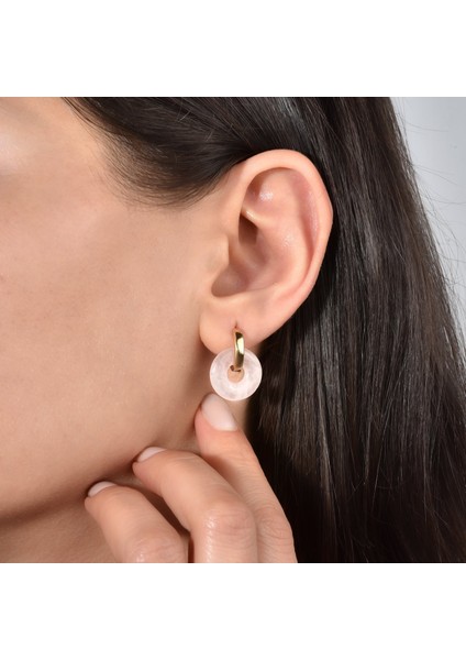 14 Ayar Altın Kaplama Gerçek ve Doğal Donut Rose Quartz Taşlı Halka Küpe - ES00153