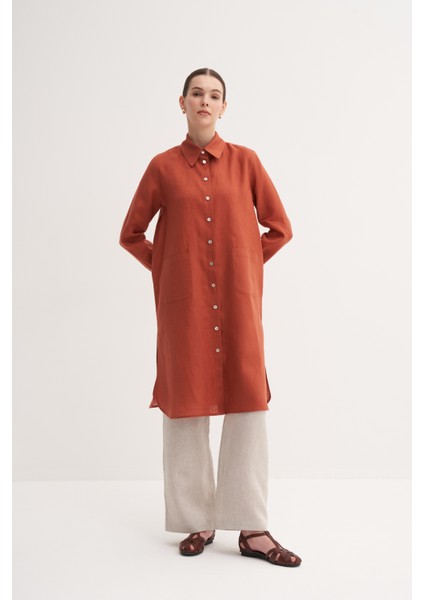 Kiremit %100 Keten Rahat Kalıp Cep Detaylı Uzun Tunik