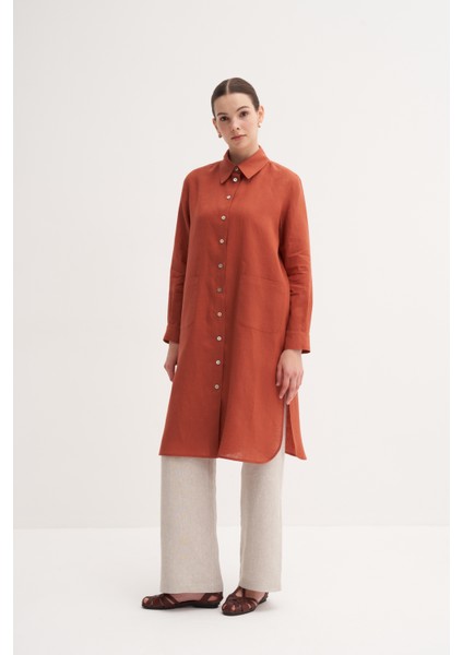 Kiremit %100 Keten Rahat Kalıp Cep Detaylı Uzun Tunik fiyatları