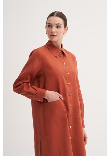 Kiremit %100 Keten Rahat Kalıp Cep Detaylı Uzun Tunik modelleri