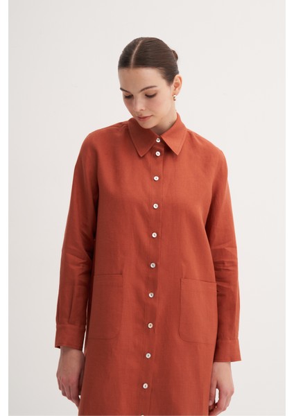 Kiremit %100 Keten Rahat Kalıp Cep Detaylı Uzun Tunik fırsatları