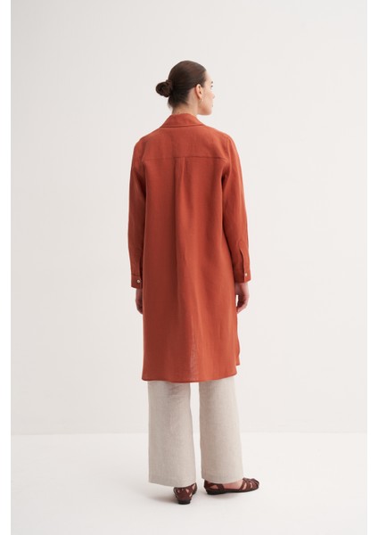 Kiremit %100 Keten Rahat Kalıp Cep Detaylı Uzun Tunik indirimleri