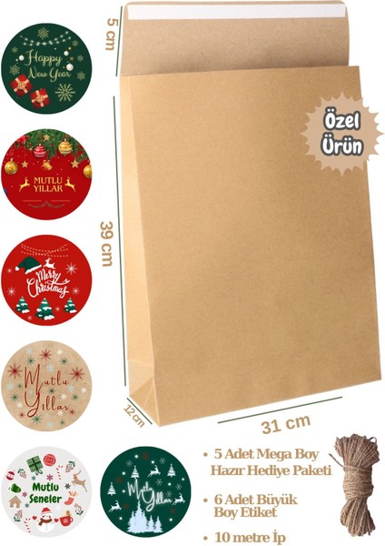 3lü Set Mega Boy Kapaklı Yapışkanlı Hediye Paketi-5li + 10 mt Jut Ip+ Yılbaşı Etiketleri